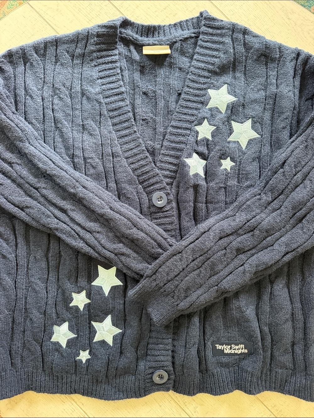 Taylor Midnights Swift Navy Cable-Knit Cardigan with Light Star Appliqués